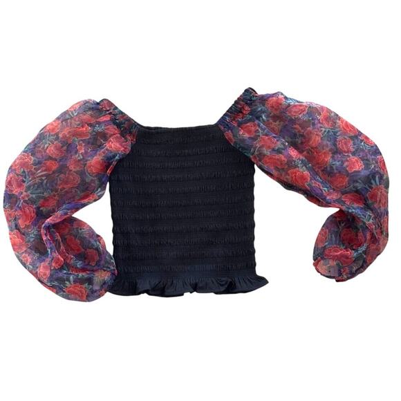 Calligraphie Sheer Floral Puff Sleeve Smocked Top S - Picture 6 of 10